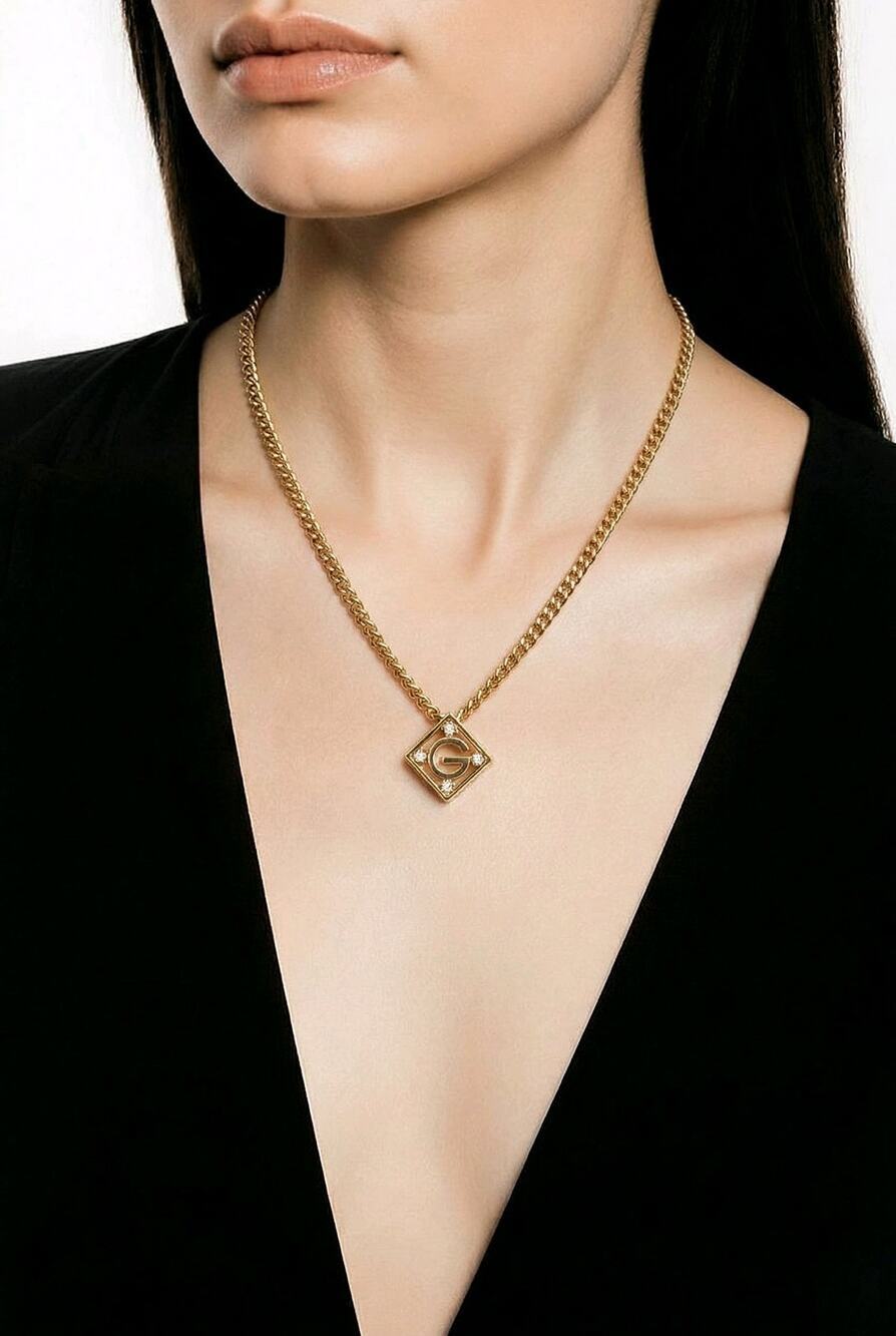 Givenchy Vintage G Logo Diamond Pendant Rhinestone Necklace Gold Tone